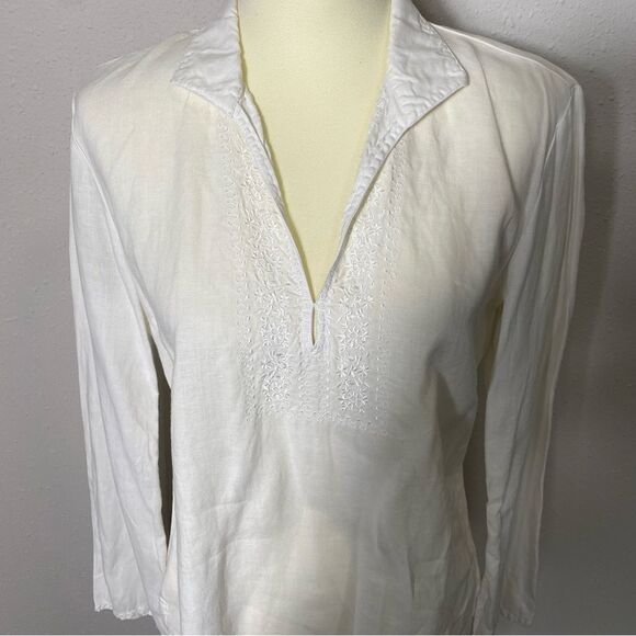 Promod White Linen Embroidered Long Bell Sleeve Top Tunic Women's Size Medium - Picture 7 of 16
